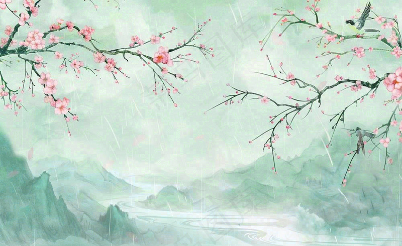 清明节春天桃花柳树燕子山水中国风古风雨水谷雨水墨插画背景(1408x864)