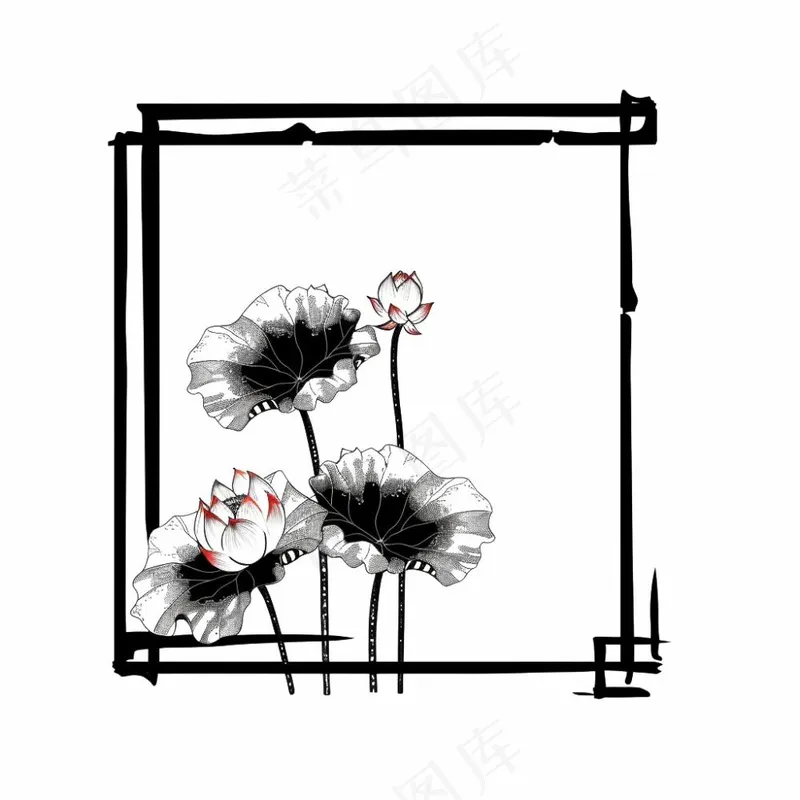荷花莲花水墨画边框中国风插画免抠(1024x1024)