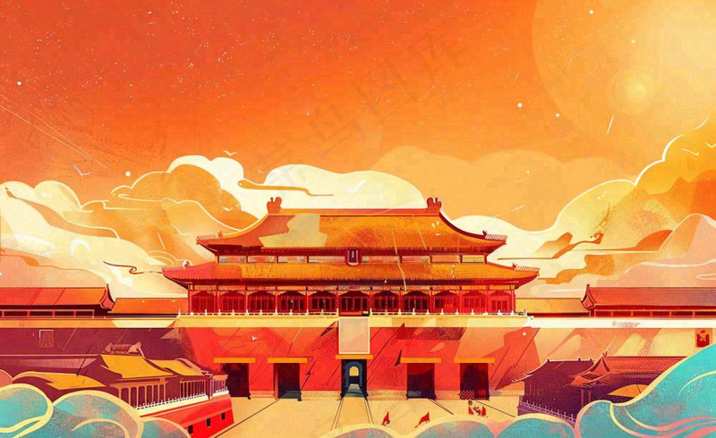 祖国繁荣昌盛插画红色喜庆庆祝山河国庆建军建党国潮风插画背景(1408x864)