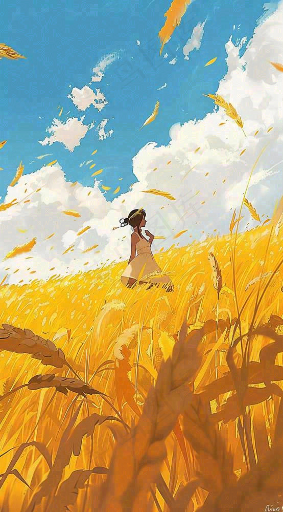 秋天金色麦田女孩蓝天秋收立秋秋分处暑芒种插画背景