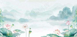 绿色荷花荷叶山水船立夏天夏至中式手绘风景中国风国画大暑小暑插画背景