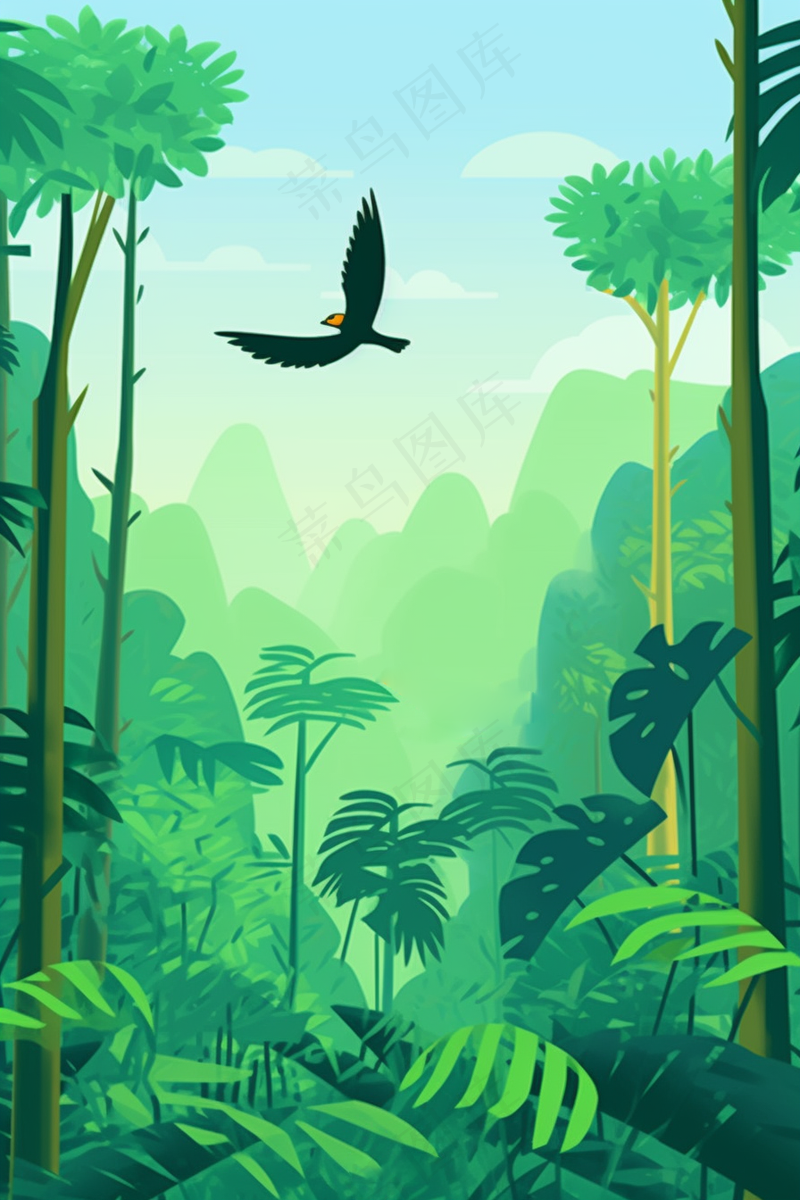 春天大自然花草盛开山野里绿色卡通插画背景(2688x4032)