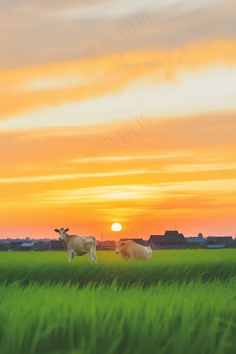 夕阳晚霞草场的牛放牛放牧摄影图(2688x4032)
