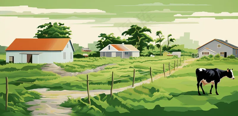 卡通农场畜牧农庄广袤无垠蓝天白云插画背景(4704x2304)