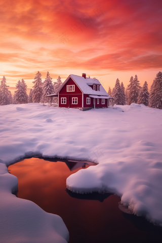 冬季晚霞日落雪景中的小屋木屋美景摄影图