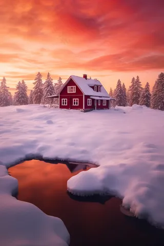 冬季晚霞日落雪景中的小屋木屋美景摄影图