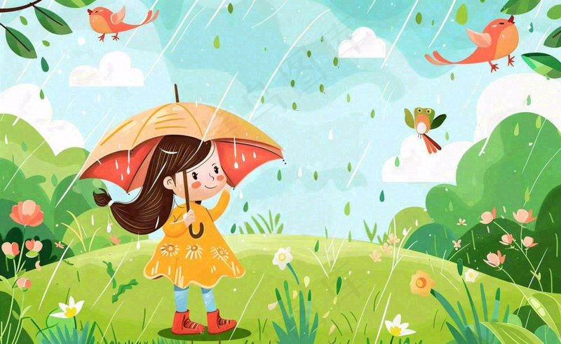 春天雨季女孩打伞在森林公园里嬉戏小草花丛鸟春游踏青雨水谷雨卡通插画背景(1408x864)
