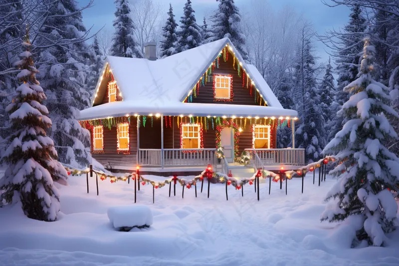 圣诞节雪木屋装饰灯森林木屋摄影图(4032x2688)