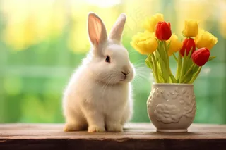 可爱小白兔花瓶绿色背景摄影图