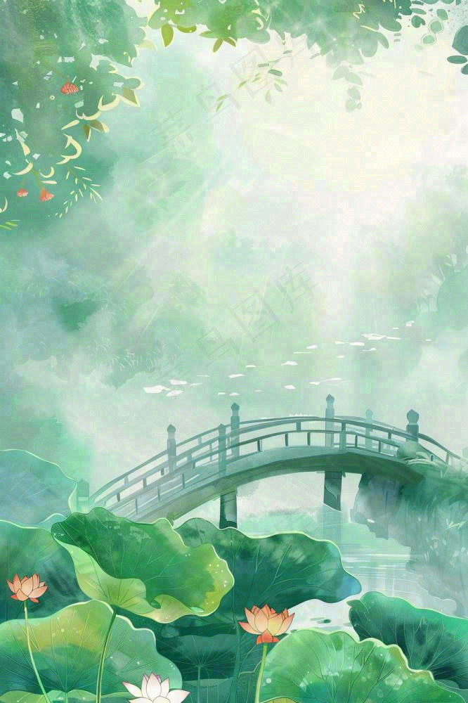 春夏绿意风景小清新荷花池塘拱桥绿荫阳光惊蛰春分立夏夏至水彩插画背景(896x1344)