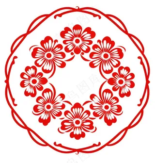 红色圆形边框窗花春节贴纸免抠