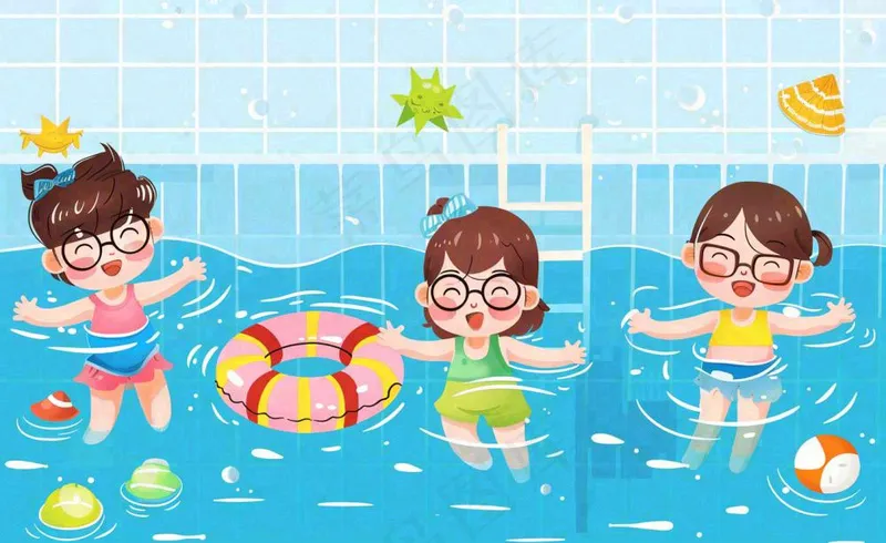 蓝色儿童夏天游泳池插画卡通夏日立夏夏至大暑小暑游泳插画背景(1408x864)