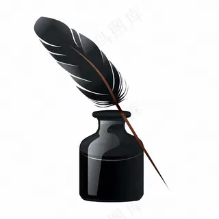 黑色羽毛墨水笔卡通插画免抠