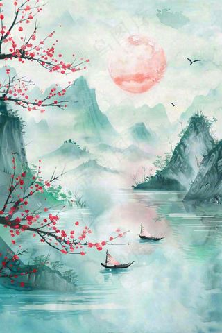 水墨江南山水画桃花青山春分清明惊蛰节气背景