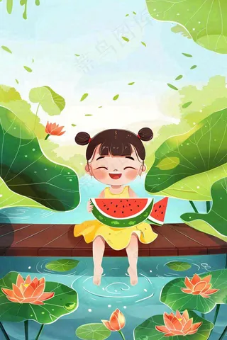 夏天荷花湖木桥上吃西瓜的女孩清凉立夏夏至大暑小暑卡通插画背景