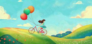 春夏踏青女孩骑自行车草原蓝天白云气球自由春分惊蛰卡通插画背景