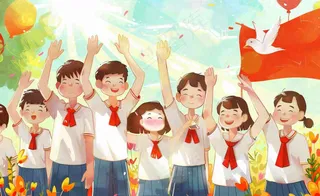 卡通红领巾学生举手旗帜和平鸽班长竞选祖国花朵国庆卡通插画背景