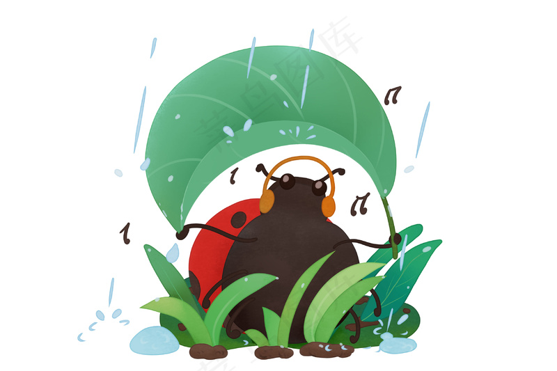 卡通听音乐七星瓢虫叶子挡雨惊蛰元素psd模版下载