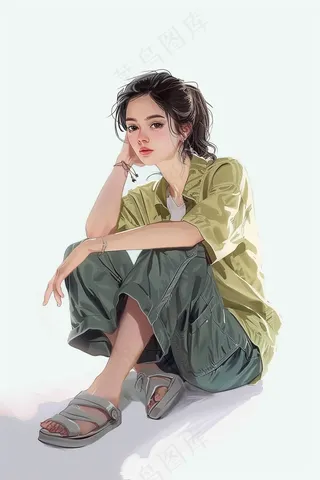 蹲坐着的少女朝气马尾发型插画背景