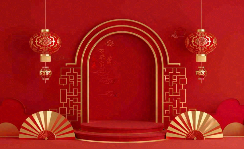 红金创意拱门喜庆新年扇子灯笼C4D展台背景春节背景