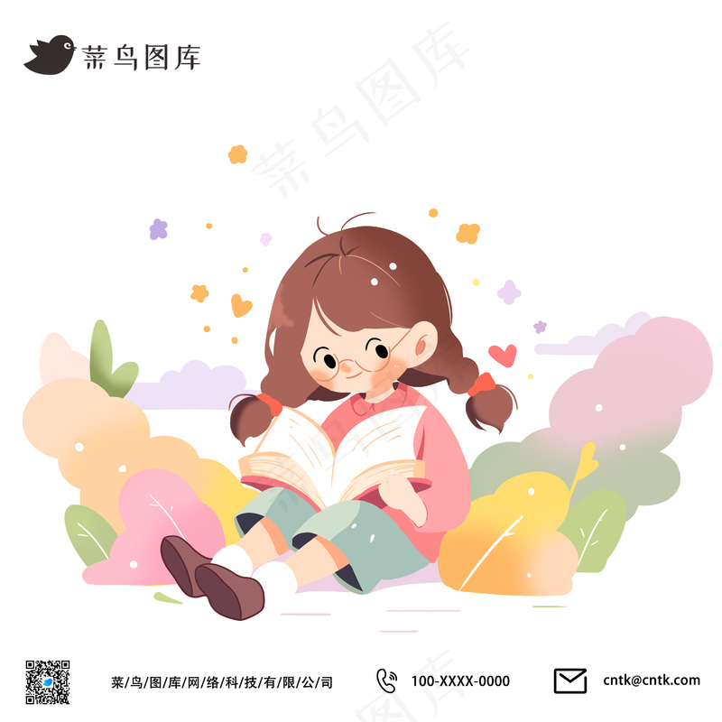 唯美清新学生小女孩读书看书场景psd模版下载