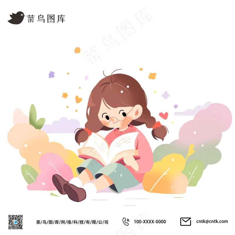 唯美清新学生小女孩读书看书场景psd模版下载