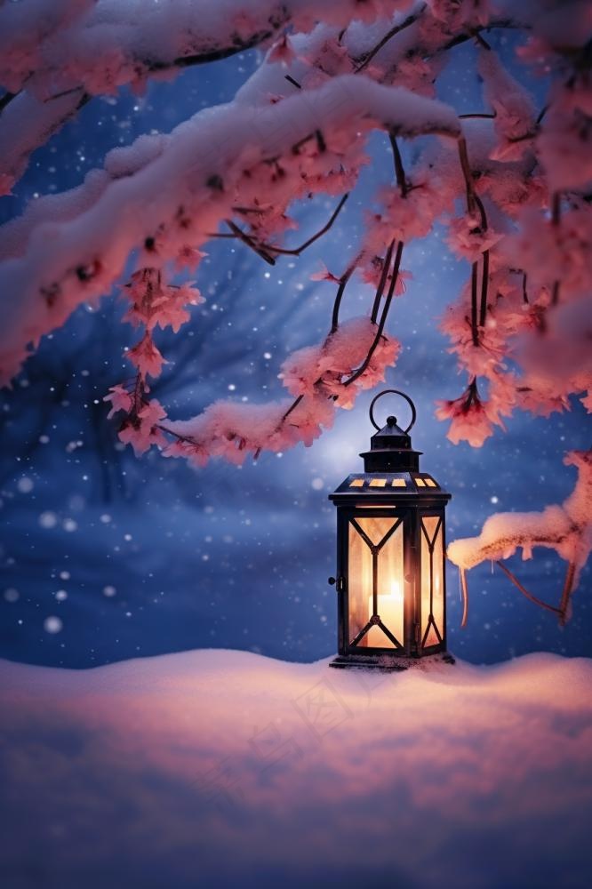 夜晚雪景唯美浪漫灯背景(896x1344)