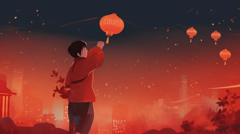 新年春节放灯笼红色喜庆祈福卡通插画背景(4368x2448)