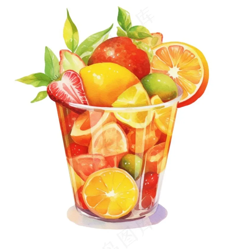 水果茶饮料草莓菠萝橙子柠檬水彩画手绘卡通插画免抠(1024x1072)