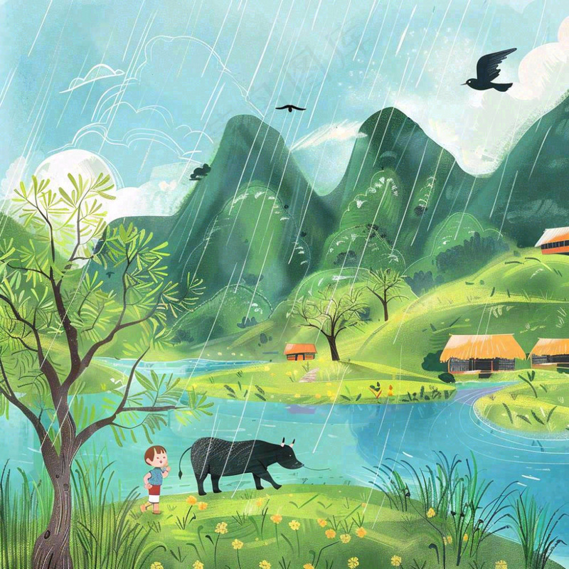 春天下雨天牧童放牛河流柳树雨水谷雨清明卡通插画背景