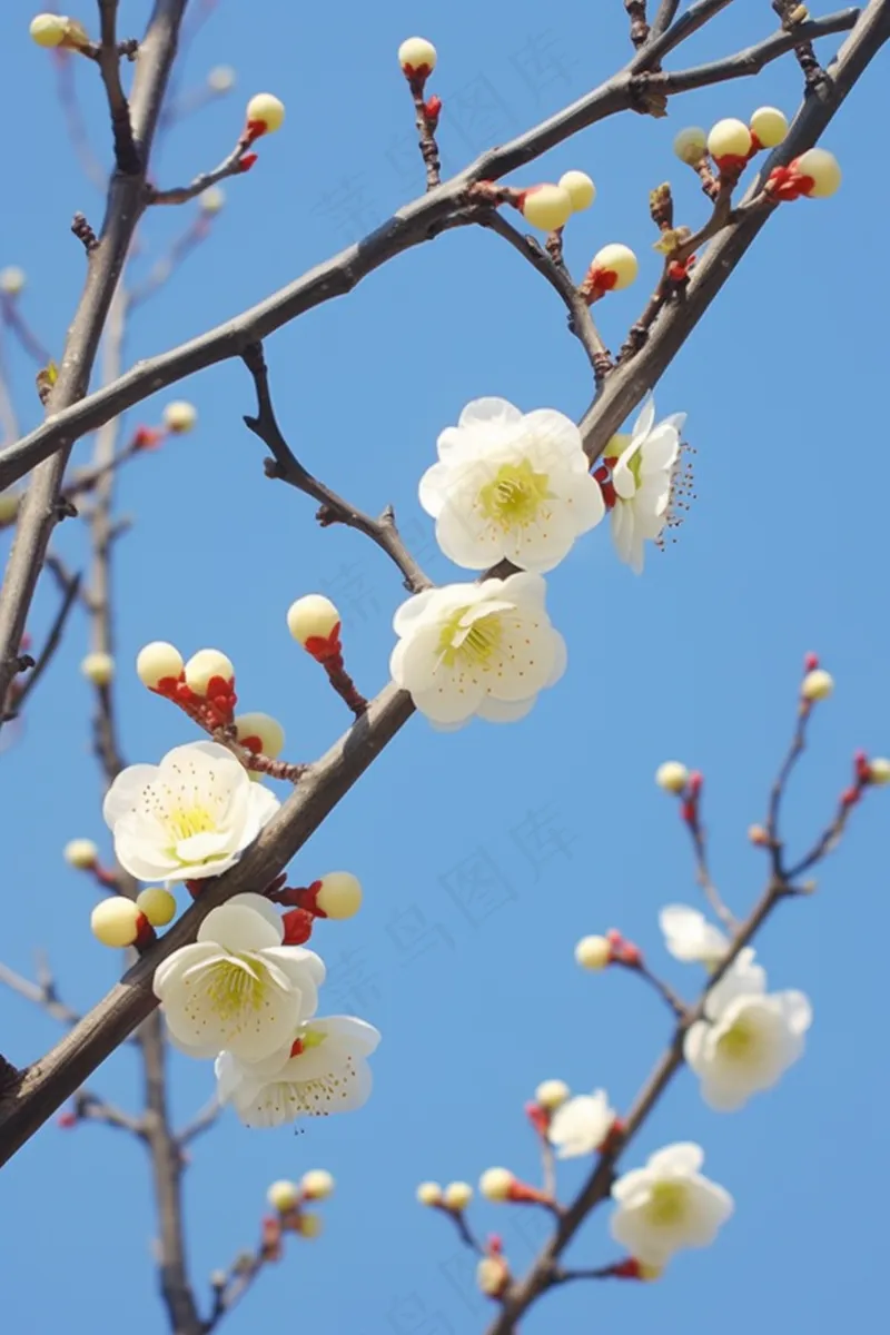 白梅花春天树枝抽新芽蓝天摄影图(2688x4032)