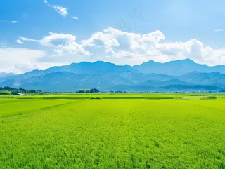 大片农田水稻远山蓝天白云摄影图