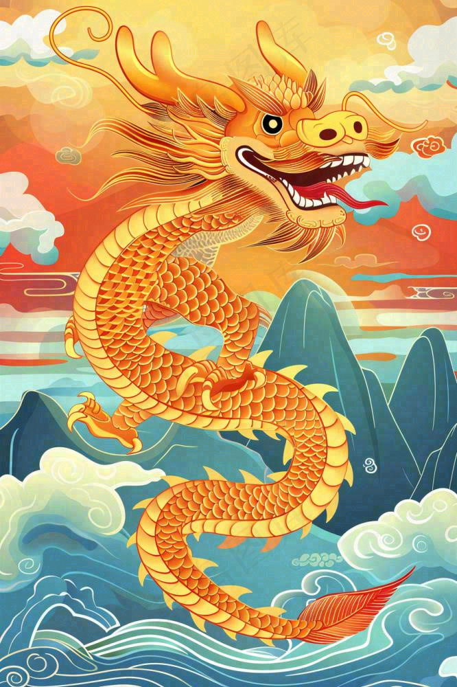 国潮风龙山水祥云龙抬头插画背景(896x1344)