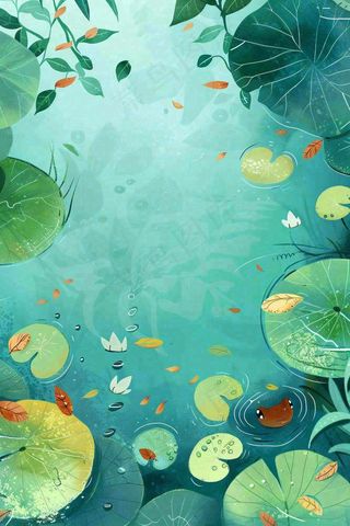 夏日池塘荷花睡莲水塘立夏小暑大暑处暑插画背景