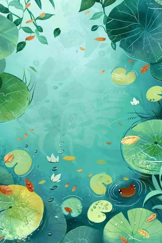 夏日池塘荷花睡莲水塘立夏小暑大暑处暑插画背景