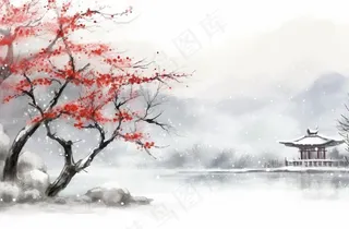 冬季山水梅花山峰水墨画中国风插画背景