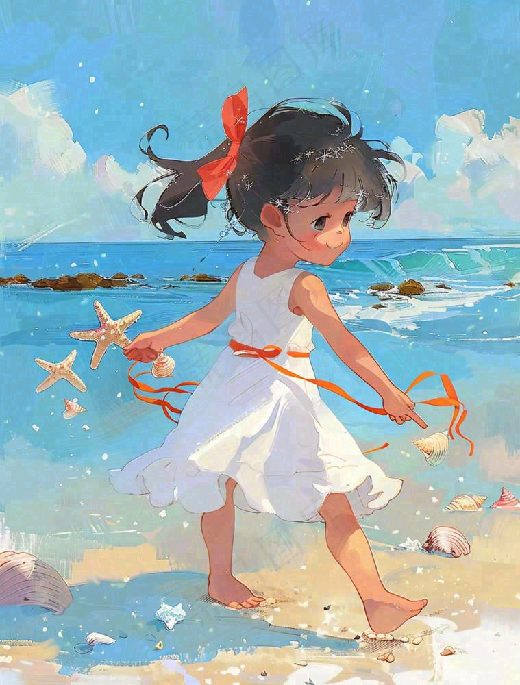 夏日蓝色海边沙滩女孩捡贝壳海鲜户外活动小暑大暑处暑卡通插画背景(960x1264)