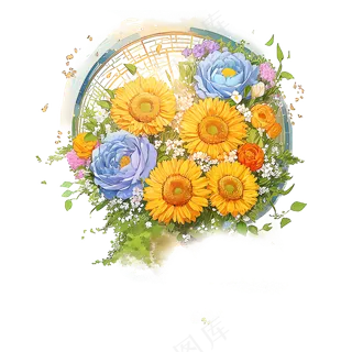 黄色 绿色 手绘 花丛 免抠 素材 12