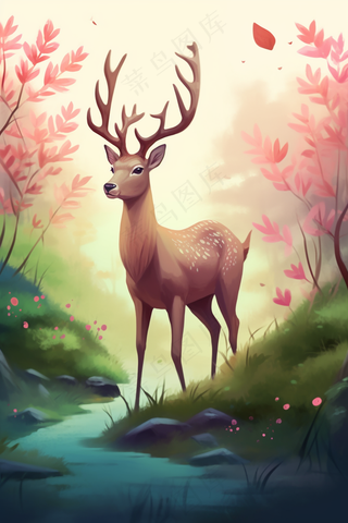 山野里的麋鹿梅花鹿卡通插画背景