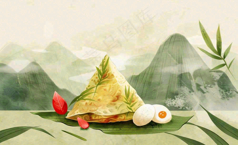 端午佳节粽子绿色青山国风插画水彩绘画背景(1392x848)