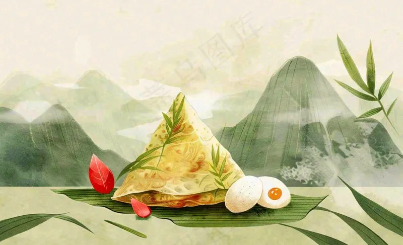 端午佳节粽子绿色青山国风插画水彩绘画背景(1392x848)
