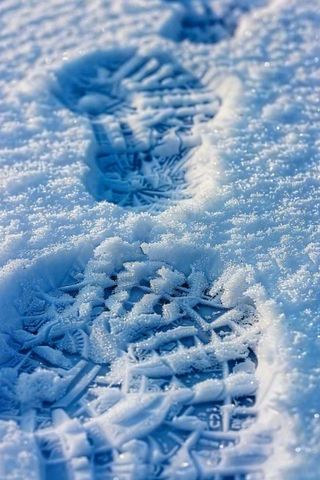 冬天雪地里的脚印蓝白色小雪大雪摄影图