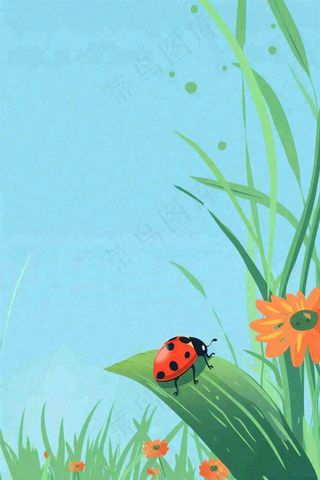 春天草丛花丛里的昆虫七星瓢虫蓝色背景踏青立春春分惊蛰卡通插画背景