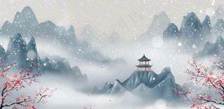 大寒冬天中国风水墨插画小寒冬季唯美雪景梅花插画背景