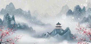 大寒冬天中国风水墨插画小寒冬季唯美雪景梅花插画背景