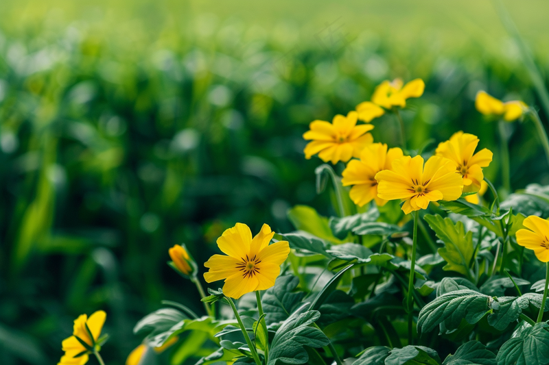 春天黄色小花朵绿色草丛摄影图
