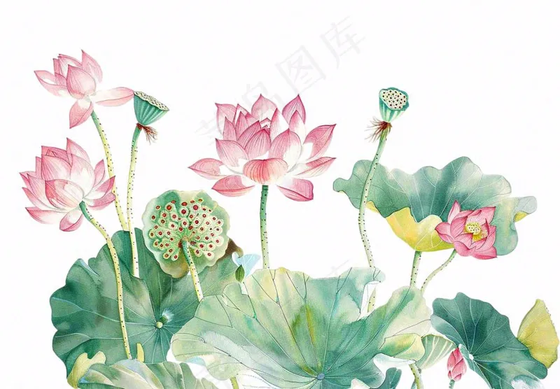 夏天荷花荷叶国风水彩画免抠(1312x912)