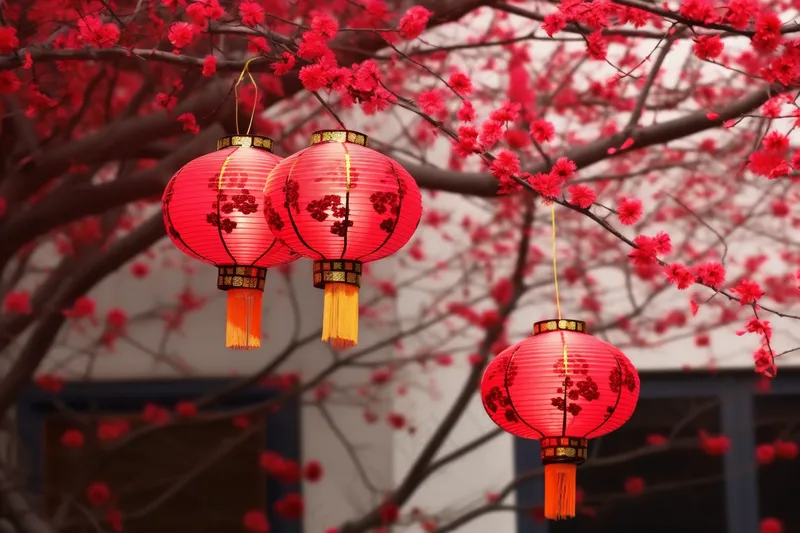 春节梅花树上挂红灯笼红色摄影图(4032x2688)