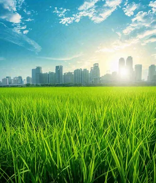 水稻农田生长远处城市落日余晖小满芒种摄影图