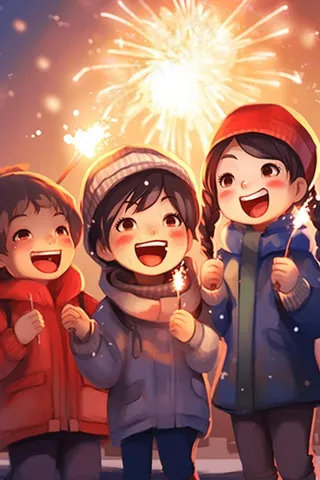 新年除夕放烟花爆竹的孩童庆祝新年喜庆卡通插画背景